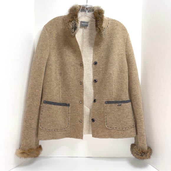Geiger wool jacket, made in Austria, real fur trim, snap closures, tan & gray - Picture 2 of 13